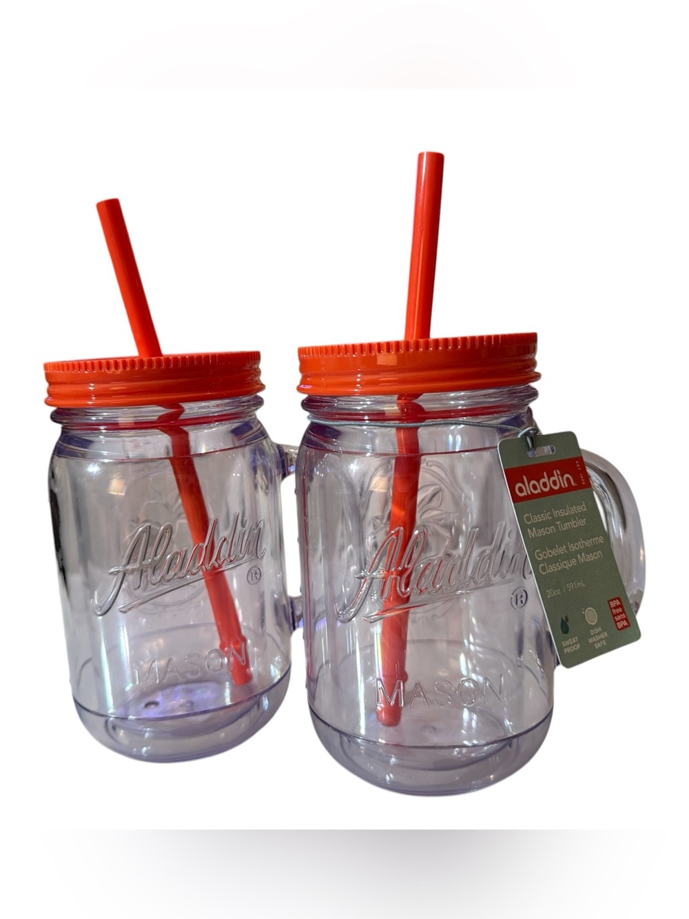 ONE Aladdin Classic Double-walled Mason Tumbler with Orange Lid & Straw, 20 oz.